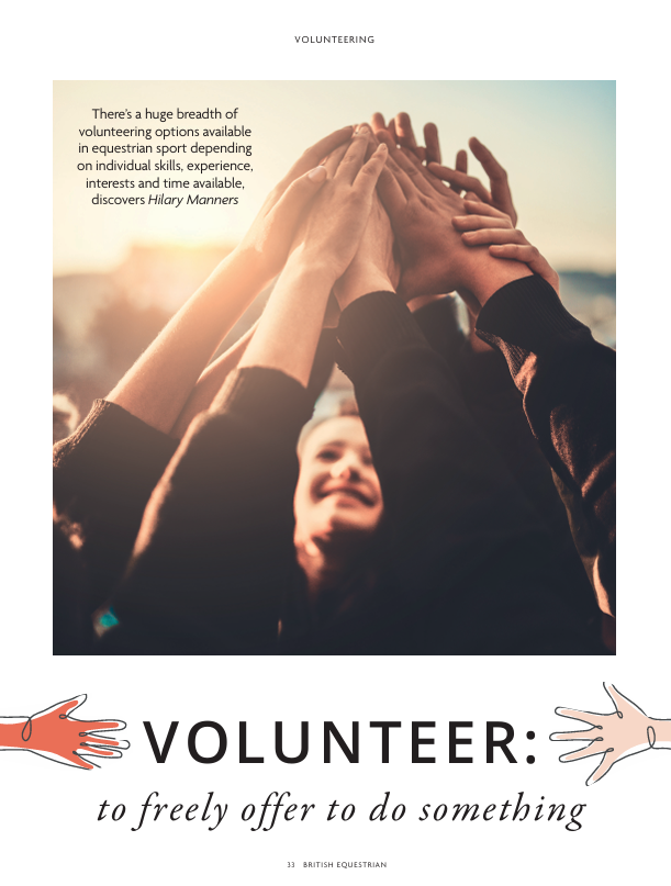 Magazine cover with group of young people holding their hands together in the air. Text says, 'Volunteer: to freely offer to do something.'